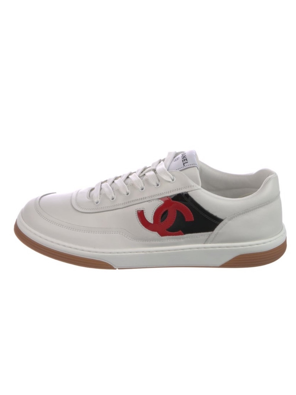 CHANEL White Leather Sneakers with Red CC and Black Panel